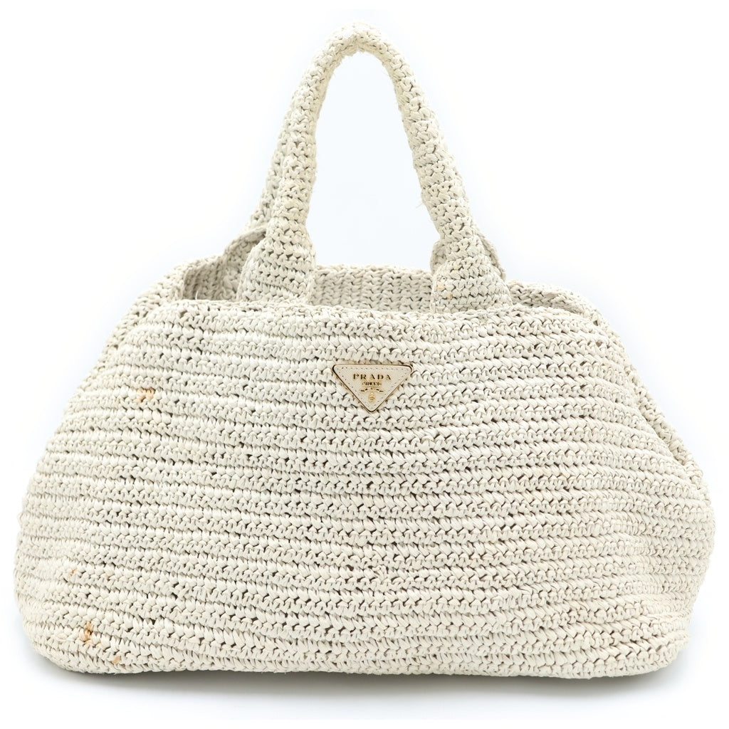 PRADA(プラダ) CANAPA カナパ ラフィア トライアングルロゴプレート カゴ ハンド トートバッグ ゴールド金具 アイボリー BN2302 レディース