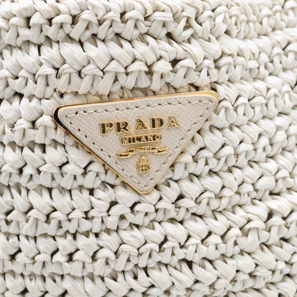 PRADA(プラダ) CANAPA カナパ ラフィア トライアングルロゴプレート カゴ ハンド トートバッグ ゴールド金具 アイボリー BN2302 レディース