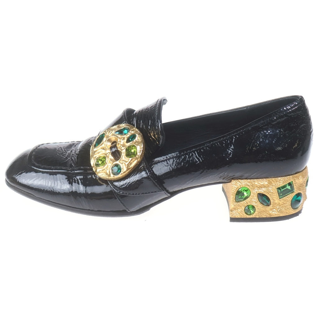 PRADA(プラダ) スクエアトゥ ゴールドストーン ビジューチャンキーヒール エナメルローファー レディース ブラック 1D997H