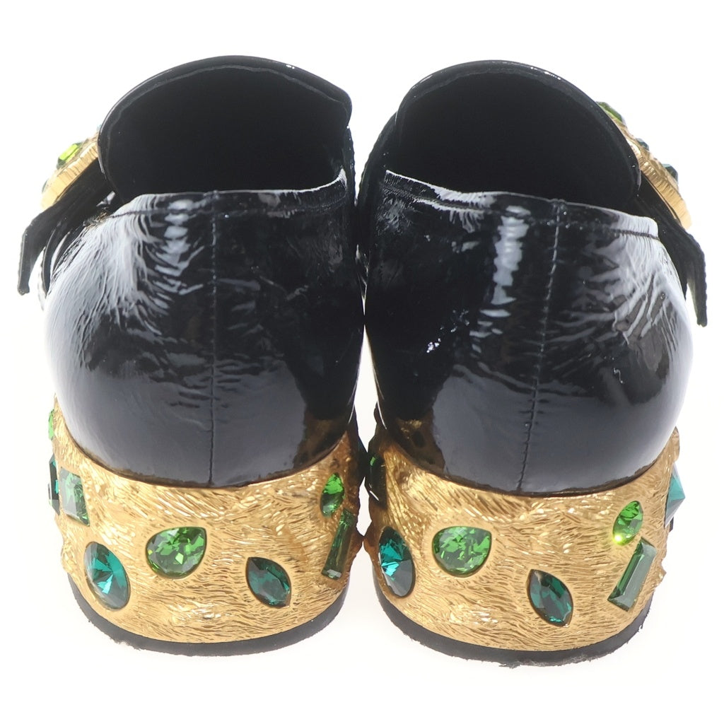 PRADA(プラダ) スクエアトゥ ゴールドストーン ビジューチャンキーヒール エナメルローファー レディース ブラック 1D997H