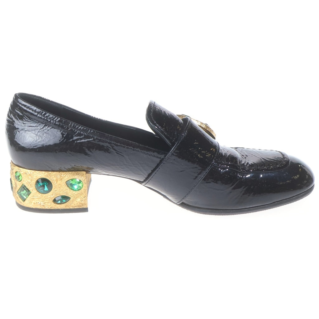 PRADA(プラダ) スクエアトゥ ゴールドストーン ビジューチャンキーヒール エナメルローファー レディース ブラック 1D997H