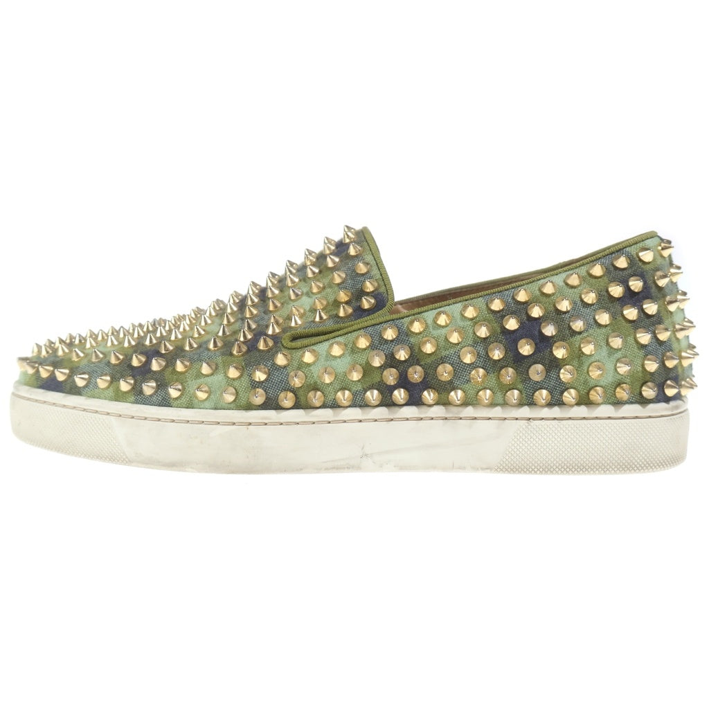 CHRISTIAN LOUBOUTIN(クリスチャンルブタン) スパイクスタッズ チェックファブリック スリッポン ローカット スニーカー グリーン/ゴールド