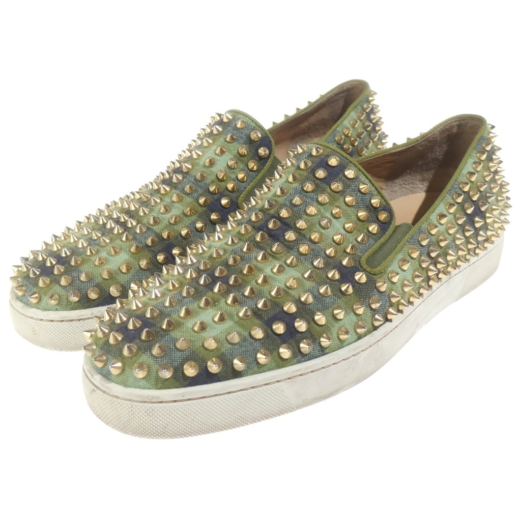 CHRISTIAN LOUBOUTIN(クリスチャンルブタン) スパイクスタッズ チェックファブリック スリッポン ローカット スニーカー グリーン/ゴールド