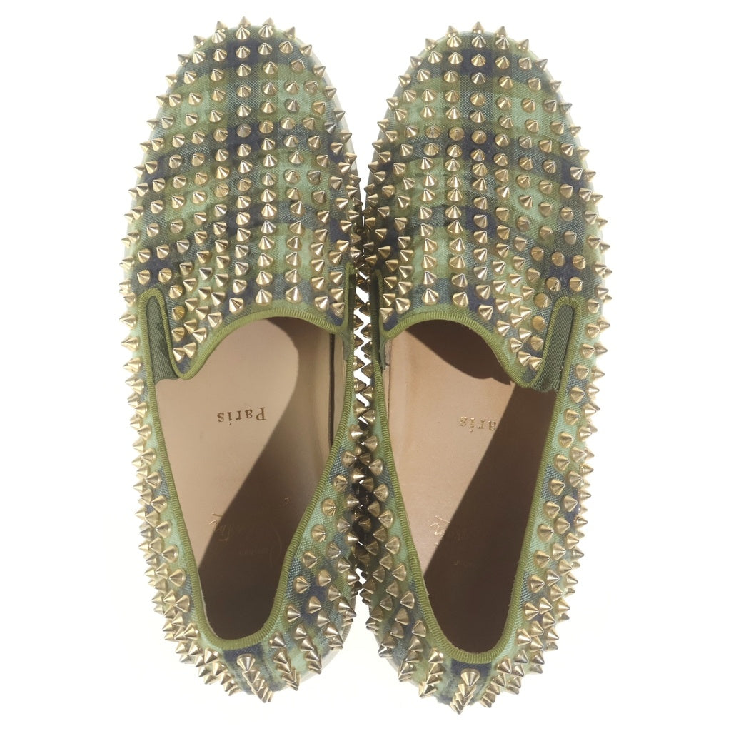 CHRISTIAN LOUBOUTIN(クリスチャンルブタン) スパイクスタッズ チェックファブリック スリッポン ローカット スニーカー グリーン/ゴールド