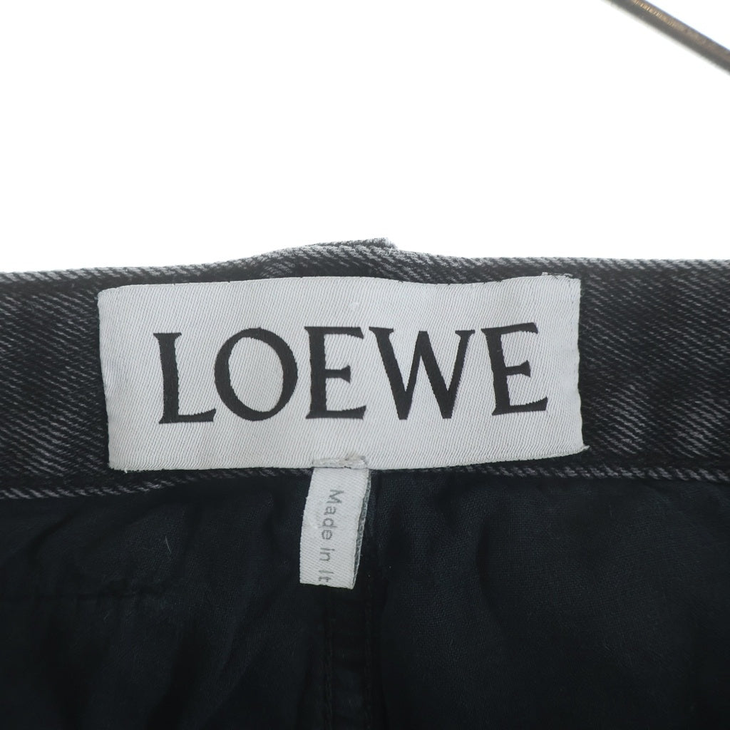 LOEWE(ロエベ) レザーパッチ ボタンフライ ストレートデニムパンツ ブラック