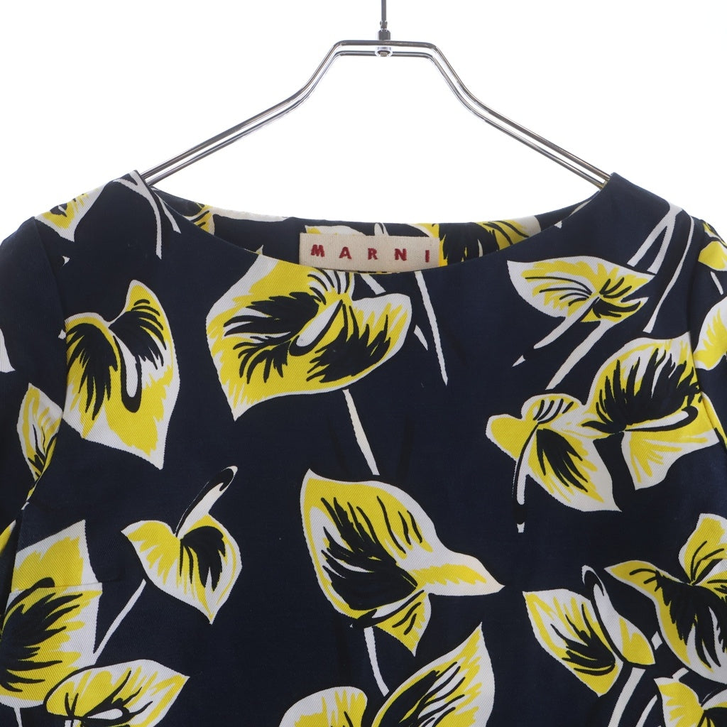 MARNI(マルニ) COMMESSA コットン 花柄 ラウンドネック半袖Tシャツ カットソー レディース イエロー/ネイビー CAMAP46A00TCT41