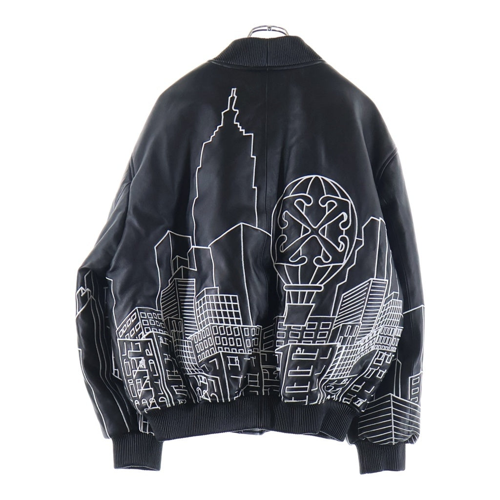 OFF-WHITE(オフホワイト) SKYLINE VARSITY LEATHER BOMBER JACKET スカイライン バーシティ 全面刺繍 レザー ボンバージャケット ブルゾン ブラック OMJA136S24LEA003