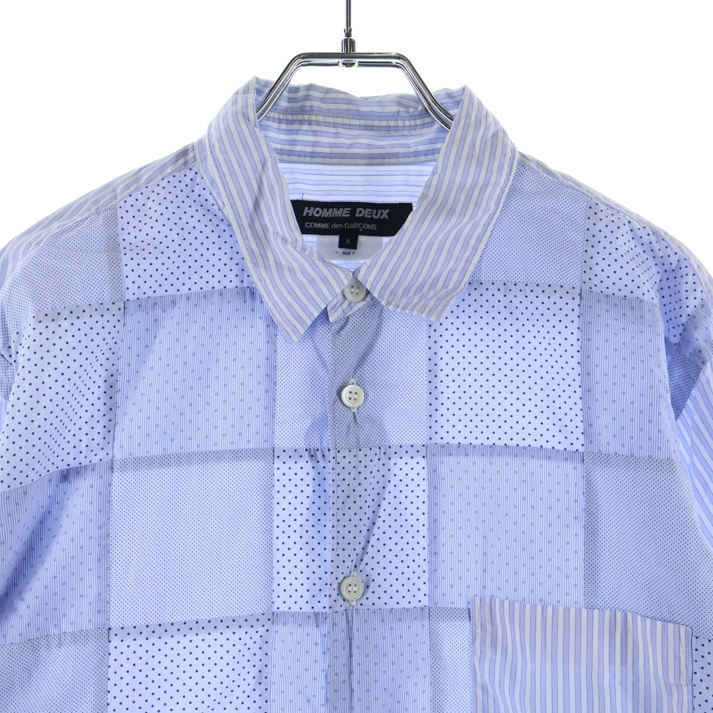 COMME des GARCONS HOMME DEUX(コムデギャルソン オムドゥ) 14SS AD2013 ストライプ切り替え ブロックチェック コットン 長袖シャツ ブルー DM-B035