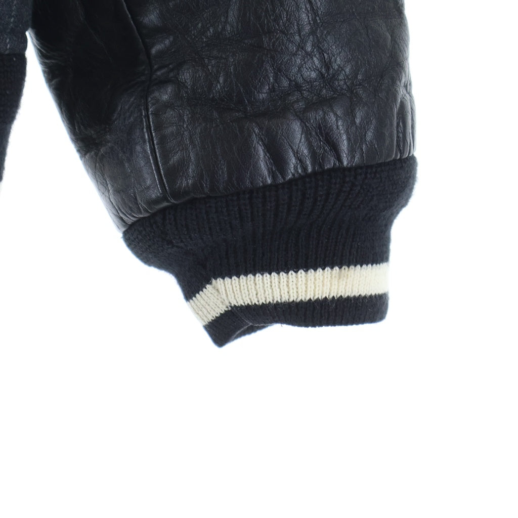 STUSSY(ステューシー) ×FRAGMENT DESIGN フラグメントデザイン レザー切り替え ウール ストライプ バーシティジャケット スタジャン グレー/ブラック
