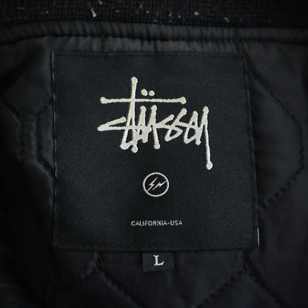 STUSSY(ステューシー) ×FRAGMENT DESIGN フラグメントデザイン レザー切り替え ウール ストライプ バーシティジャケット スタジャン グレー/ブラック