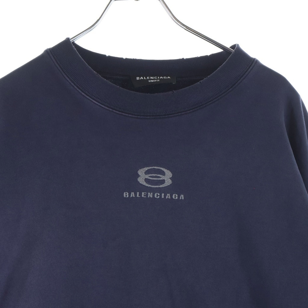 BALENCIAGA(バレンシアガ) 22SS UNITY SPORTS ICON SWEAT ロゴ刺繍 ダメージ加工 クルーネックスウェットトレーナー ネイビー 676629 TLVG1