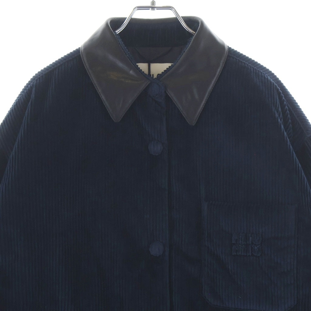 miumiu(ミュウミュウ) 25AW 襟ナッパレザー コーデュロイ 中綿シャツジャケット ネイビー/ブラック ML1322