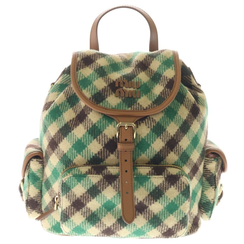 miumiu(ミュウミュウ) 25AW PLAID AND LEATHER BACKPACK タータンチェック ウールレザー バックパック リュックサック グリーン/ベージュ 5BZ042 レディース