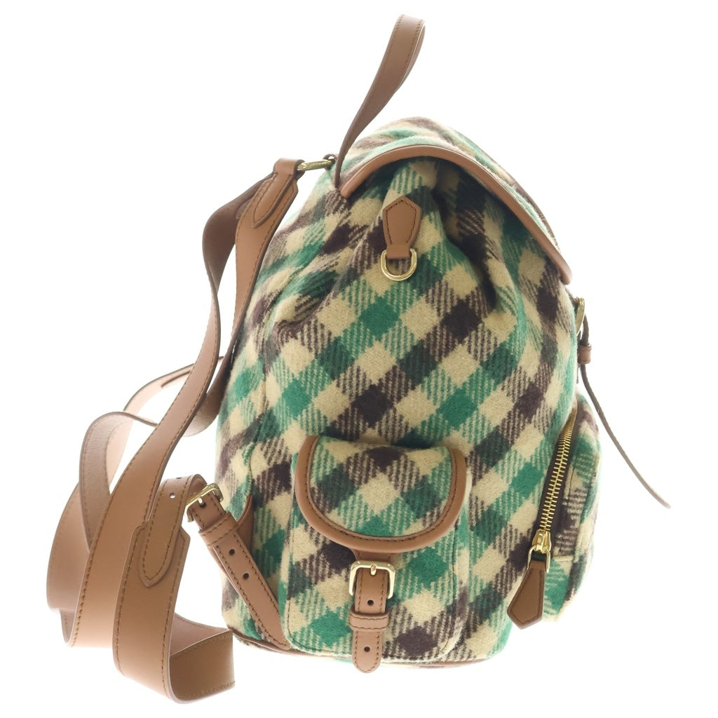miumiu(ミュウミュウ) 25AW PLAID AND LEATHER BACKPACK タータンチェック ウールレザー バックパック リュックサック グリーン/ベージュ 5BZ042 レディース