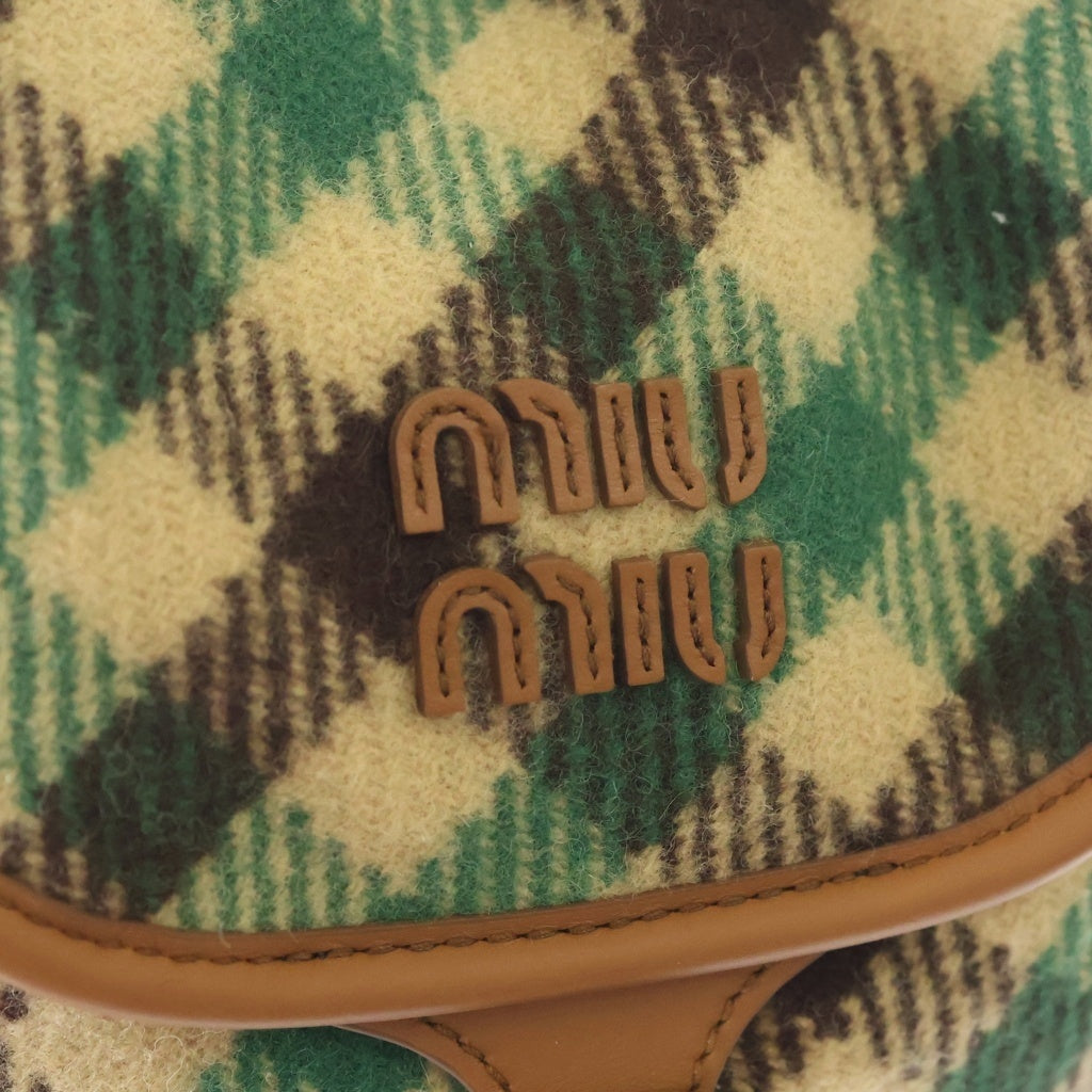 miumiu(ミュウミュウ) 25AW PLAID AND LEATHER BACKPACK タータンチェック ウールレザー バックパック リュックサック グリーン/ベージュ 5BZ042 レディース