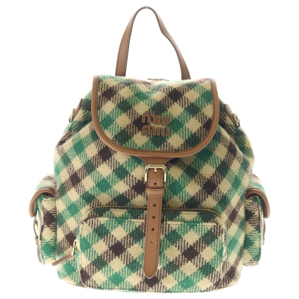miumiu(ミュウミュウ) 25AW PLAID AND LEATHER BACKPACK タータンチェック ウールレザー バックパック リュックサック グリーン/ベージュ 5BZ042 レディース
