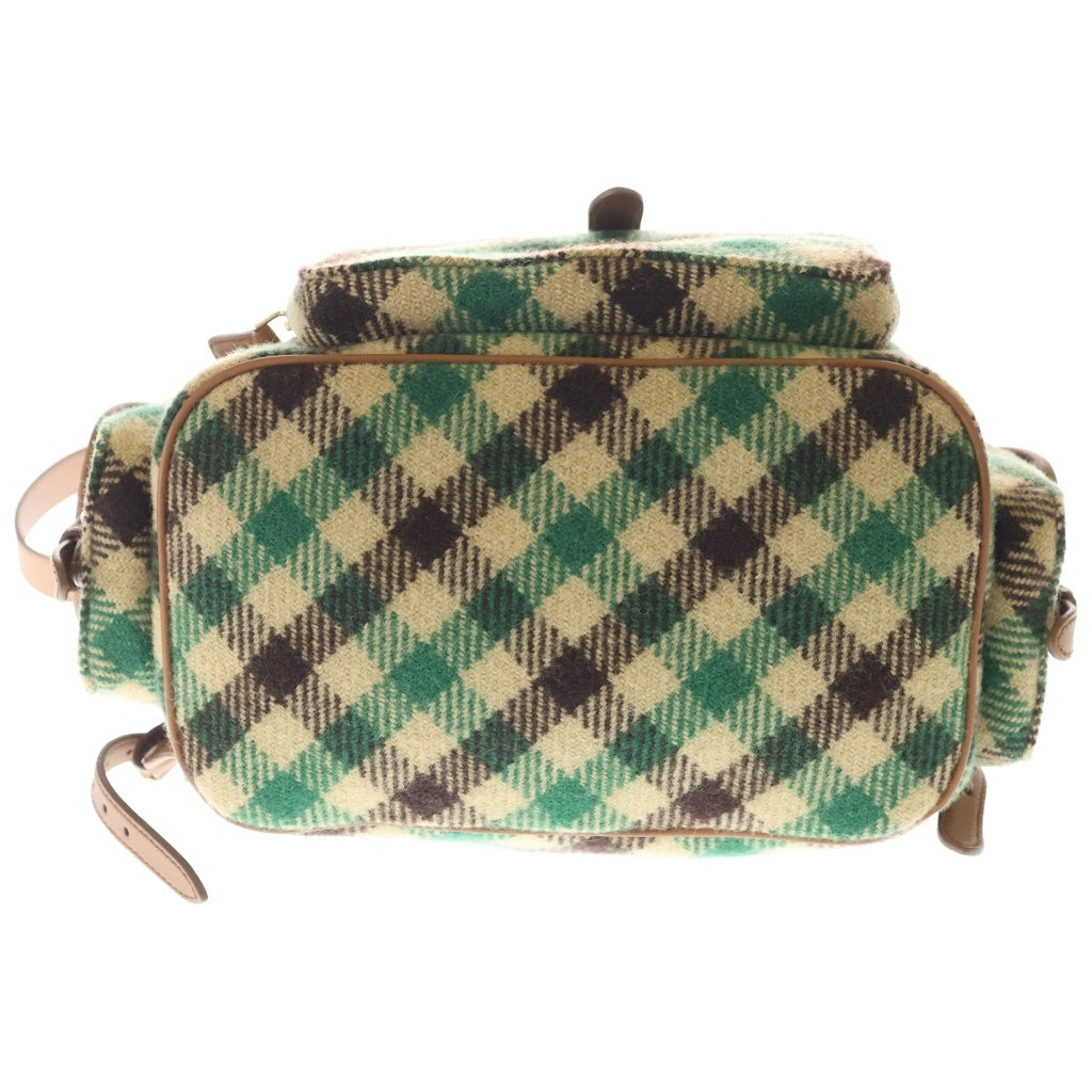 miumiu(ミュウミュウ) 25AW PLAID AND LEATHER BACKPACK タータンチェック ウールレザー バックパック リュックサック グリーン/ベージュ 5BZ042 レディース