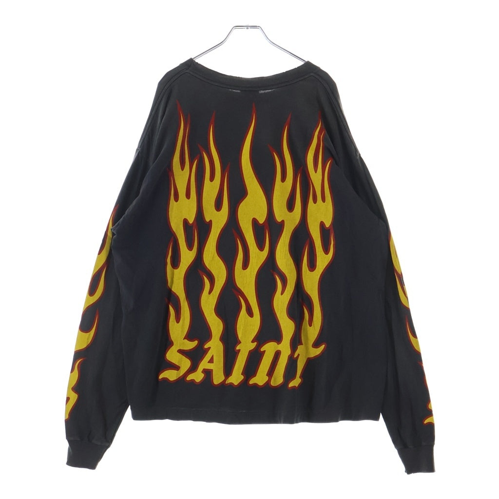 SAINT MICHAEL(セントマイケル) 24AW LS TEE / SOUL ON FIRE ヴィンテージ加工 両面プリントTシャツ 長袖クルーネックカットソー ブラック SM-YS1-0000-012