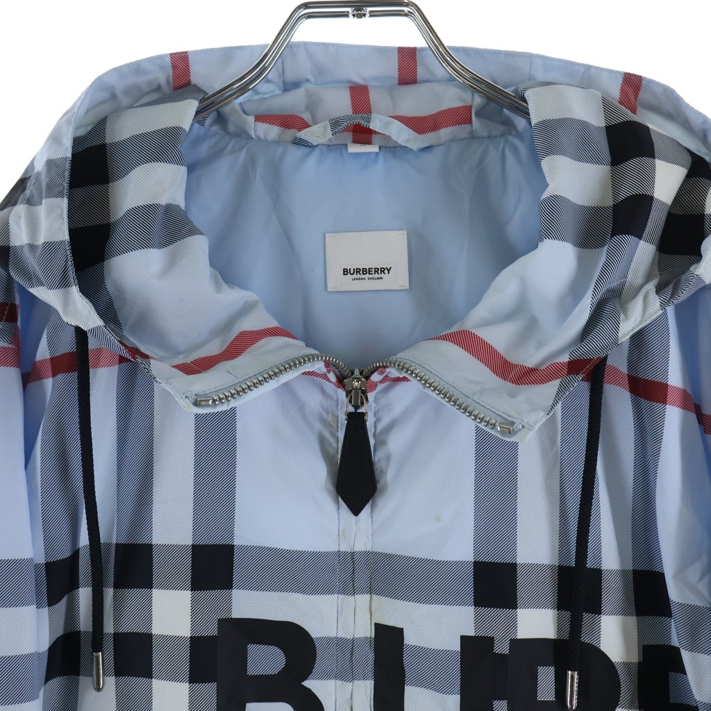 BURBERRY(バーバリー) ホースフェリー ロゴ プリント チェック ナイロン ジップアップ フーディー ライトブルー 8050283