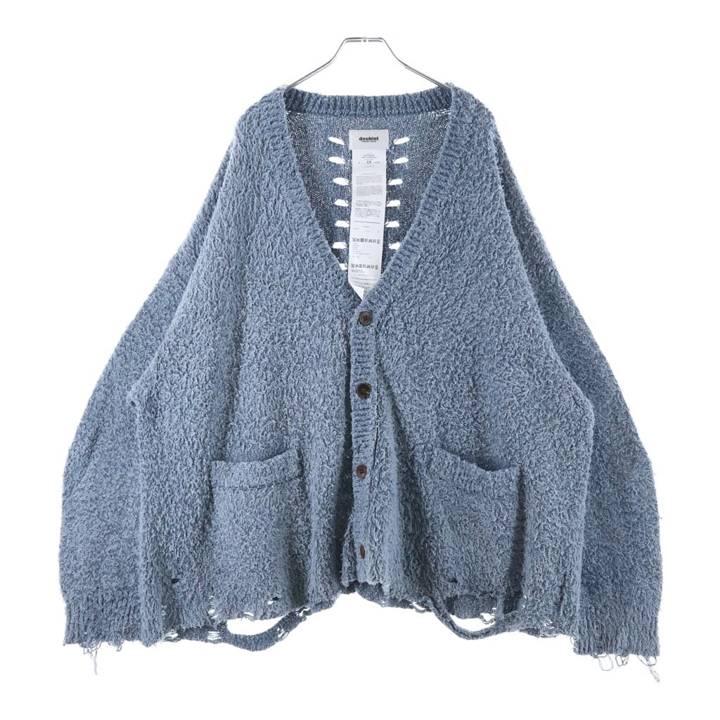 doublet(ダブレット) 25AW BACKBONE KNIT CARDIGAN バックボーン ダメージ加工 ニット カーディガン ブルー 25AW61KN204