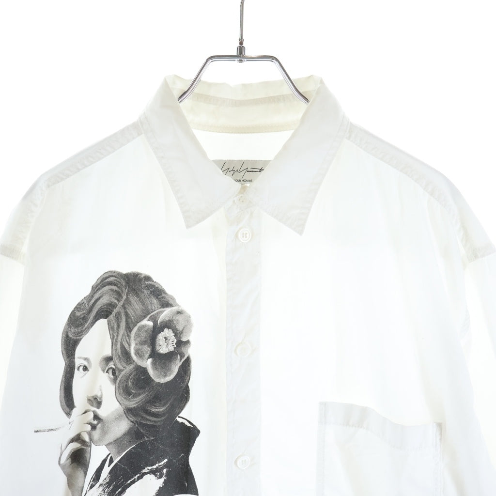 Yohji Yamamoto POUR HOMME(ヨウジヤマモト プールオム) 21AW ×内田すずめ 今宵椿 グラフィックプリント 長袖シャツ ホワイト HD-B69-502