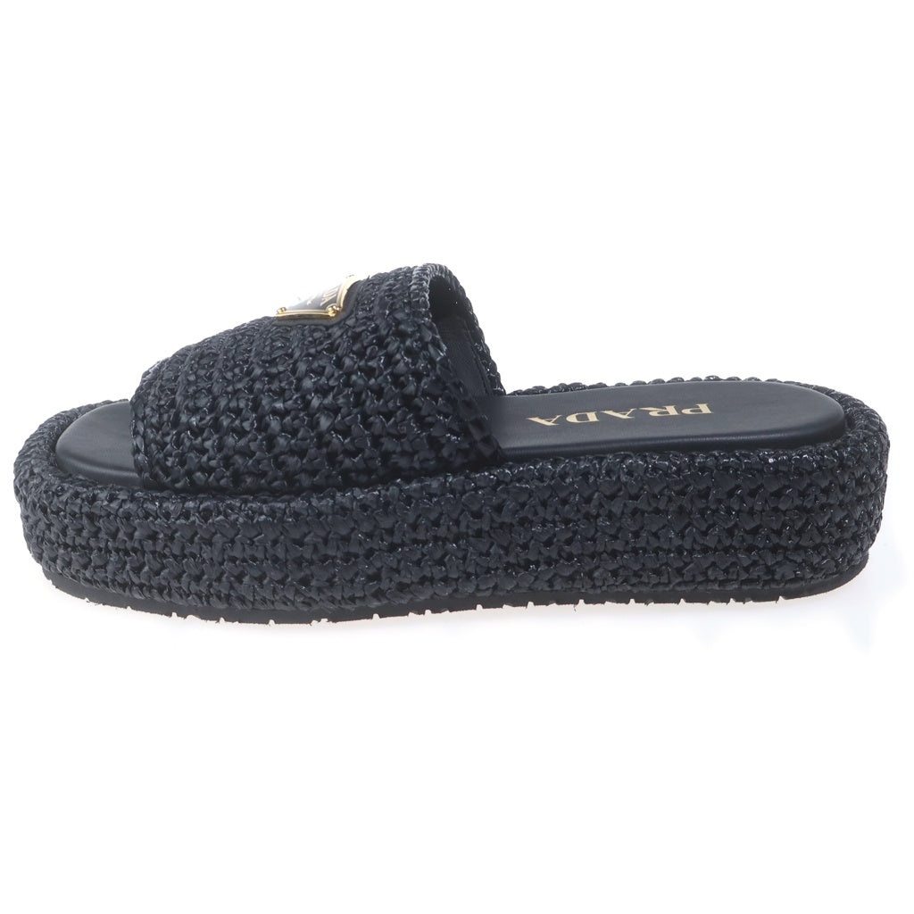 PRADA(プラダ) ラフィア トライアングルロゴプレート フラットフォームスライドサンダル ブラック 35 1XZ761 レディース