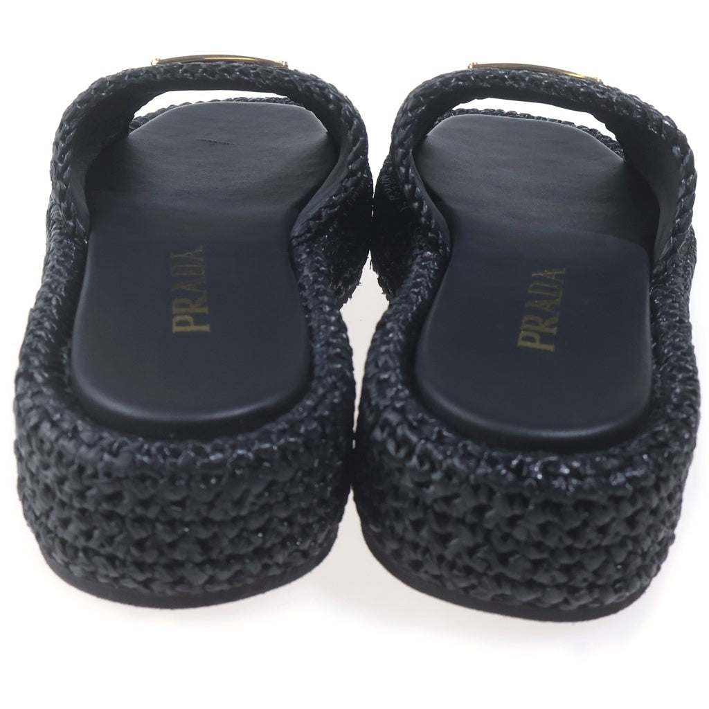 PRADA(プラダ) ラフィア トライアングルロゴプレート フラットフォームスライドサンダル ブラック 35 1XZ761 レディース