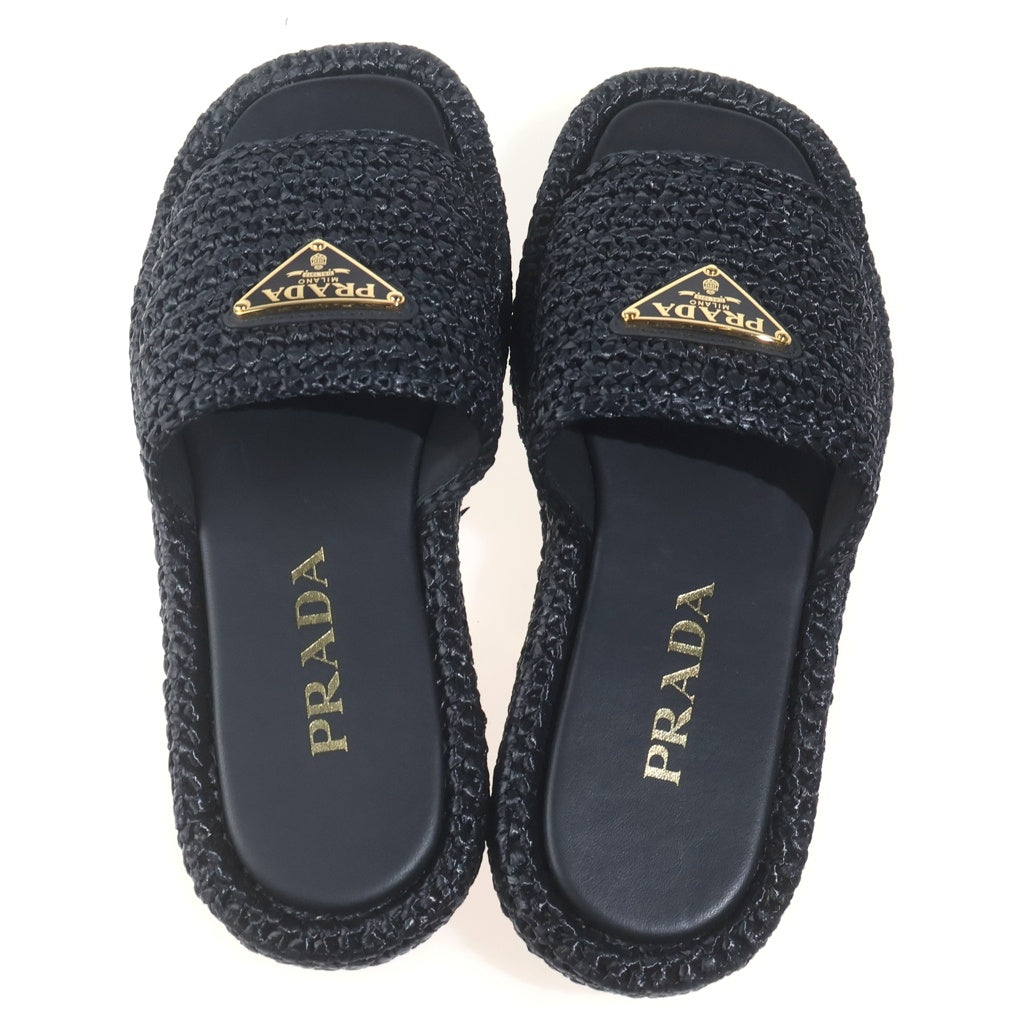 PRADA(プラダ) ラフィア トライアングルロゴプレート フラットフォームスライドサンダル ブラック 35 1XZ761 レディース