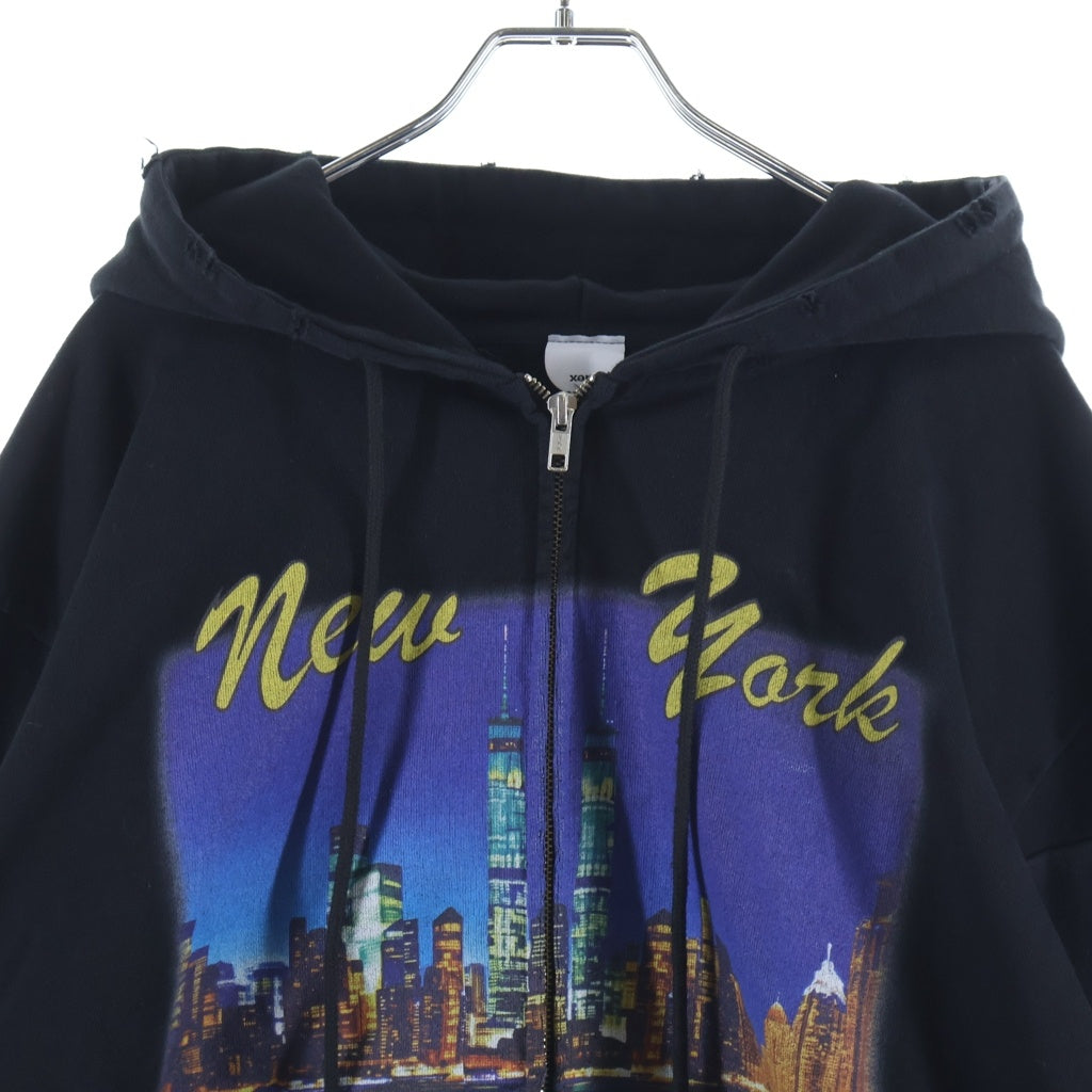 NO BRAND(ノーブランド) Protocol Index(プロトコル インデックス) 26SS RECONSTRUCTED SWEATSHIRTS ZIP HOODIE 再構築 ドッキング ダメージ加工 両面プリント