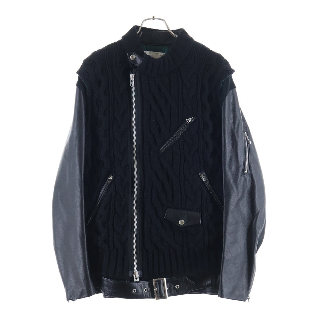 UNDERCOVER(アンダーカバー) 20AW ×sacai 30th Anniversary Knit Panelled Riders Jacket サカイ 30周年記念 レザースリーブ ニット切替え ライダースジャケット ブラック 20-02544M UCZ9207