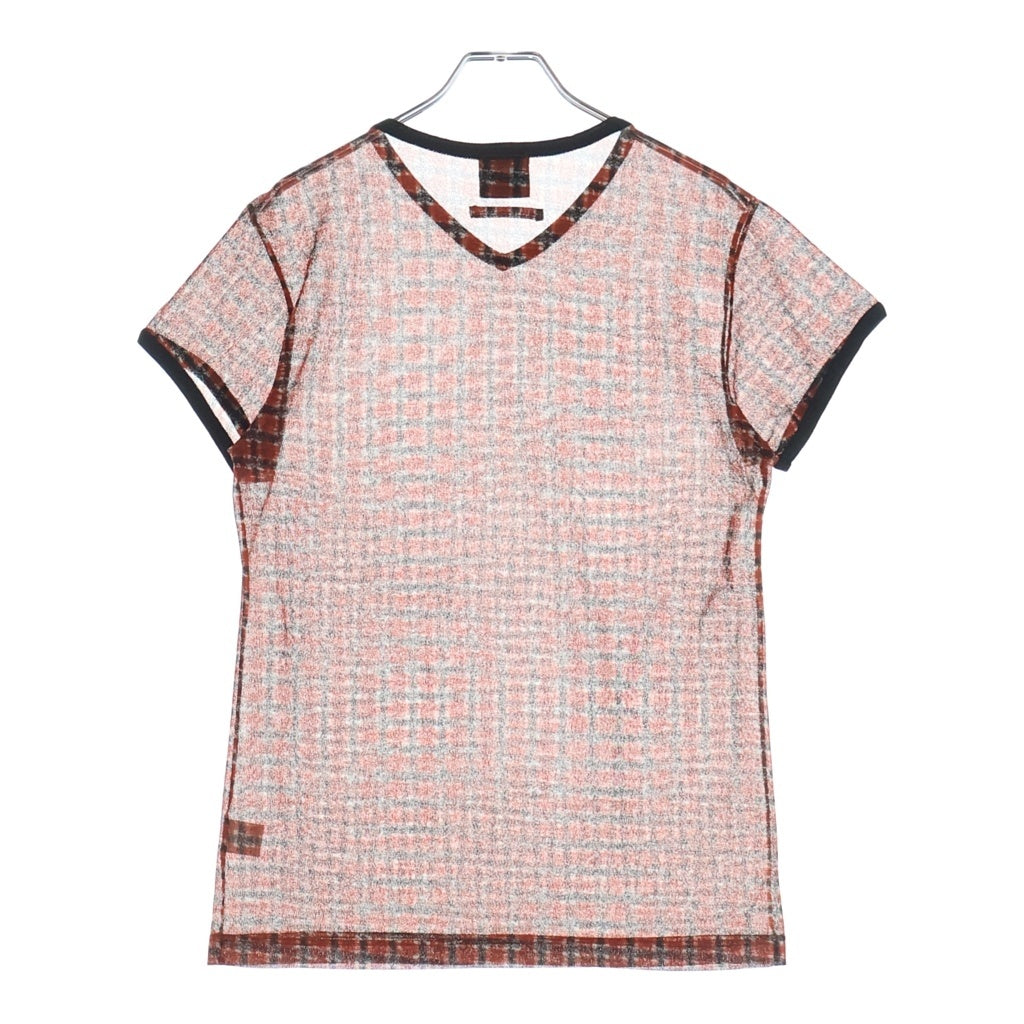 Jean Paul GAULTIER(ジャンポールゴルチエ) ポリエステル チェック総柄 シアー半袖Tシャツ カットソー レッド