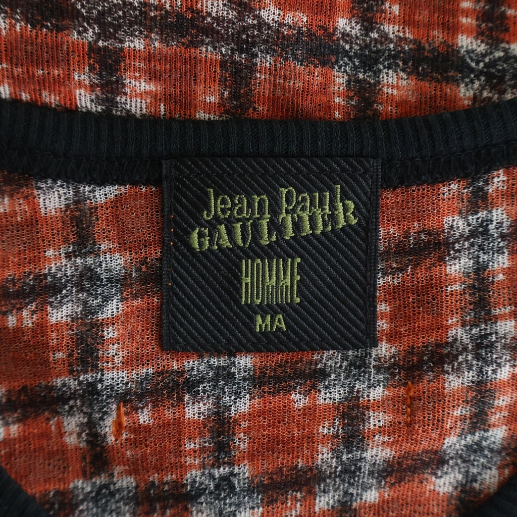 Jean Paul GAULTIER(ジャンポールゴルチエ) ポリエステル チェック総柄 シアー半袖Tシャツ カットソー レッド