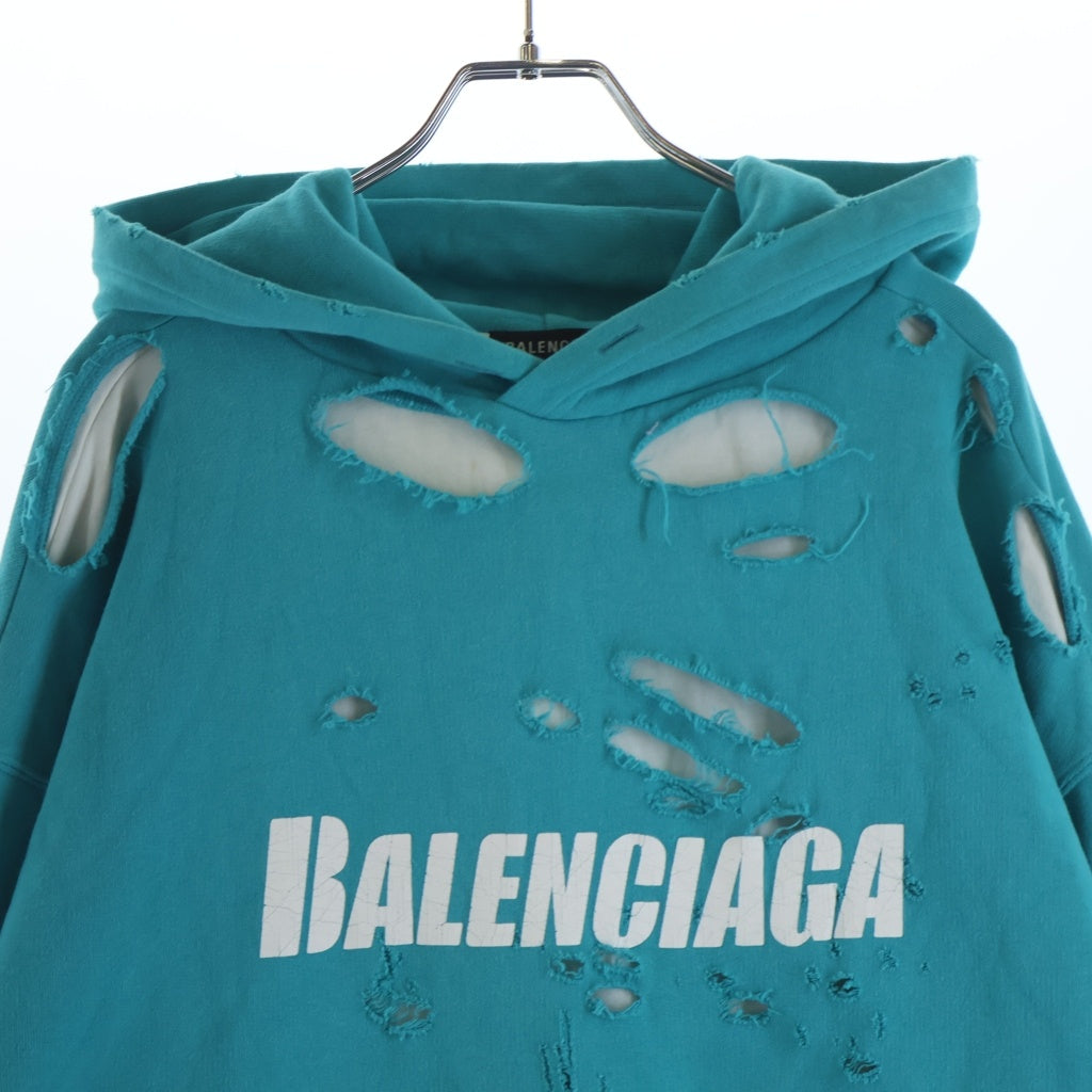 BALENCIAGA(バレンシアガ) 21SS Caps Destroyed Hoodie キャップス デストロイ加工プルオーバーパーカー フーディー ブルー 659403 TKVB6