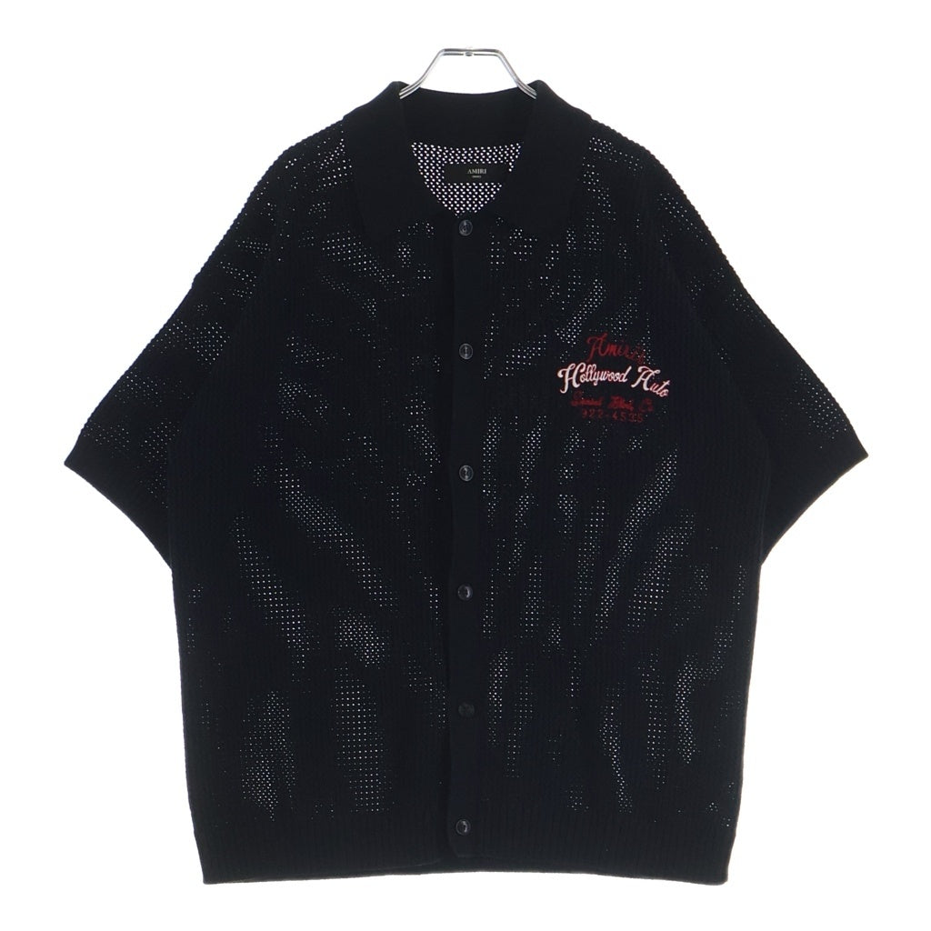 AMIRI(アミリ) 25AW HOLLYWOOD AUTO MESH SHIRT ハリウッドオートメッシュ コットン 両面ロゴエンブロイダリー 半袖ニットシャツ ブラック AMKNIR1028
