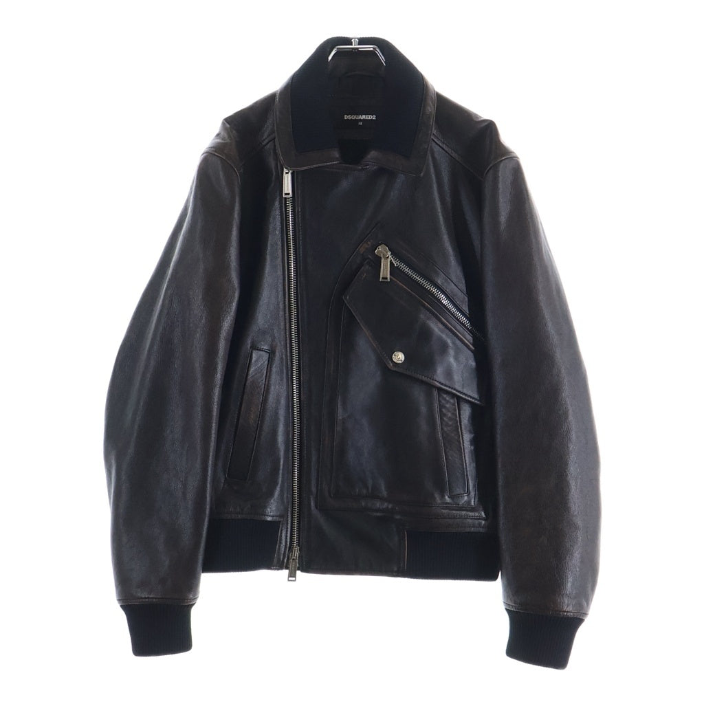 DSQUARED2(ディースクエアード) エイジング ユーズド加工 カウレザー ダブルライダースジャケット ブラウン S74AM0743