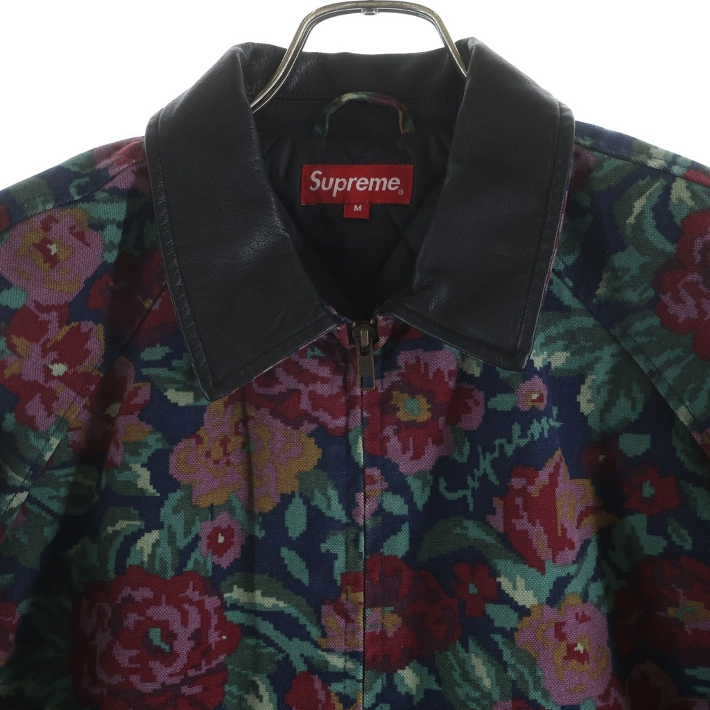 SUPREME(シュプリーム) 20AW Leather Collar Work Jacket 襟レザー切替 フラワー柄 中綿ジップアップワークジャケット レッド/グリーン