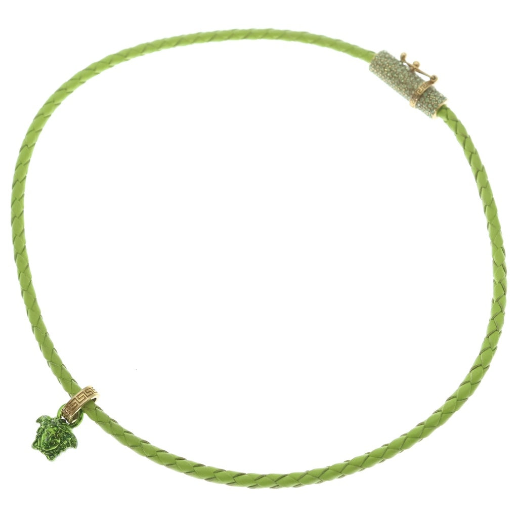 VERSACE(ヴェルサーチ) LEATHER CRYSTAL MEDUSA PENDANT NECKLESS レザー編み込み クリスタル メデューサ ロゴペンダント ネックレス イエロー 1GF1V レディース