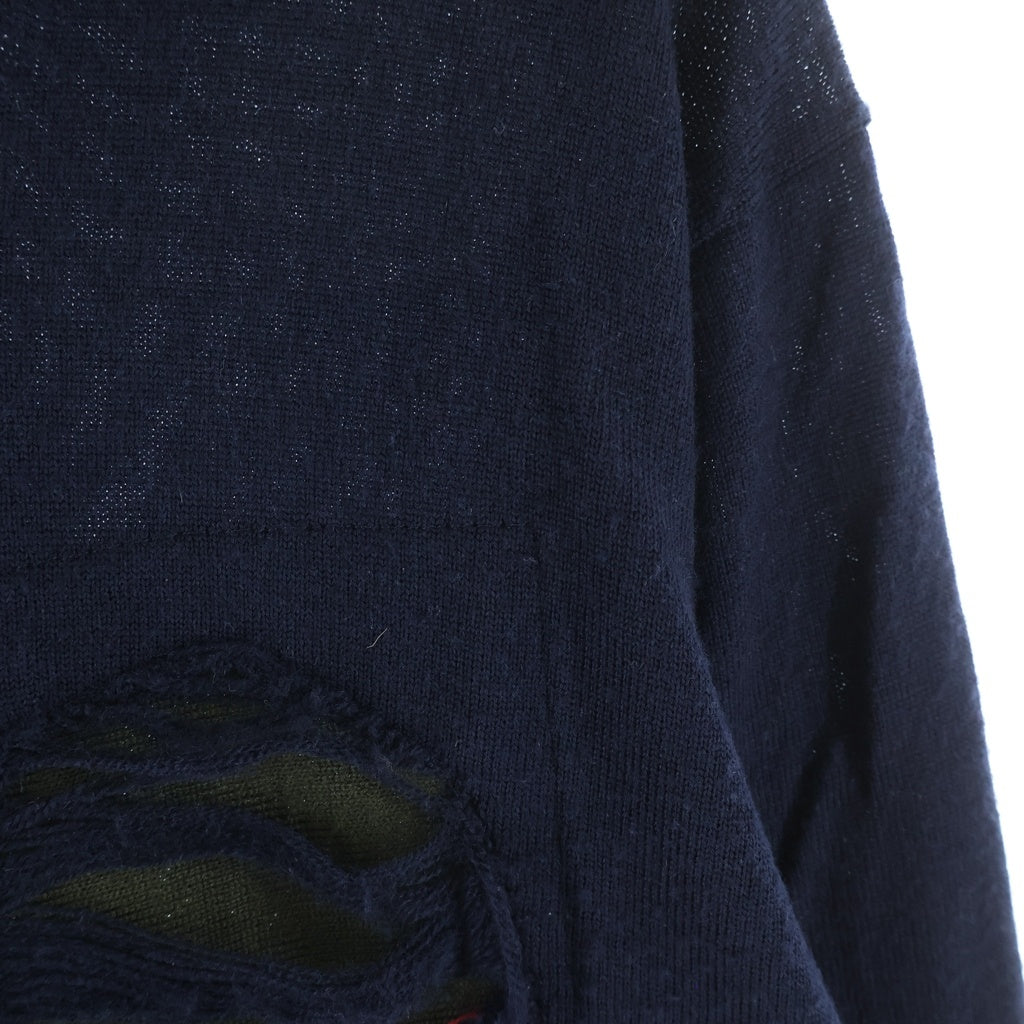 COMME des GARCONS JUNYA WATANABE MAN(コムデギャルソンジュンヤワタナベマン) 14AW AD2014 ウールパッチ切替 ダメージ加工 Vネックニット ネイビー WN-N001
