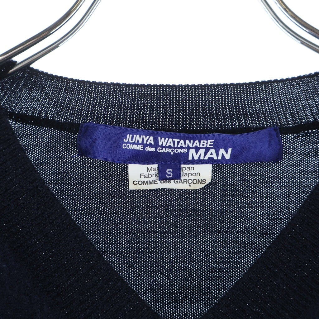 COMME des GARCONS JUNYA WATANABE MAN(コムデギャルソンジュンヤワタナベマン) 14AW AD2014 ウールパッチ切替 ダメージ加工 Vネックニット ネイビー WN-N001