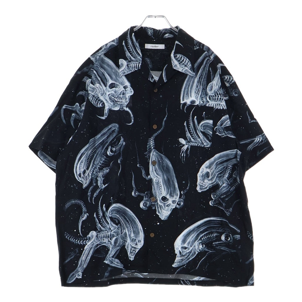 EXODUS(エクソダス) 25SS ×TIM LIHI SPACE HAWAIIAN SHIRT ティムリーハイ スペース スカルプリント 半袖 ハワイアンシャツ ブラック 25SS-SH-HW03