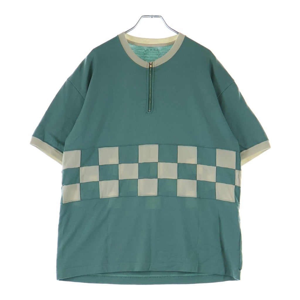 VISVIM(ヴィスヴィム) 25SS MERCKX CB ZIP P.O S/S チェッカー柄 ハーフジップ クルーネック半袖ニット グリーン 0125105010007
