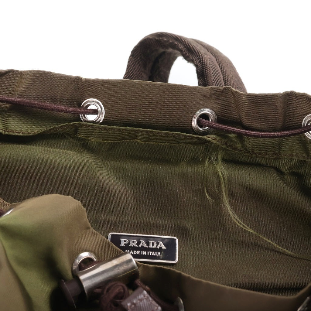 PRADA(プラダ) 三角ロゴプレート ナイロン フラップ リュックサック バックパック カーキ V135 レディース