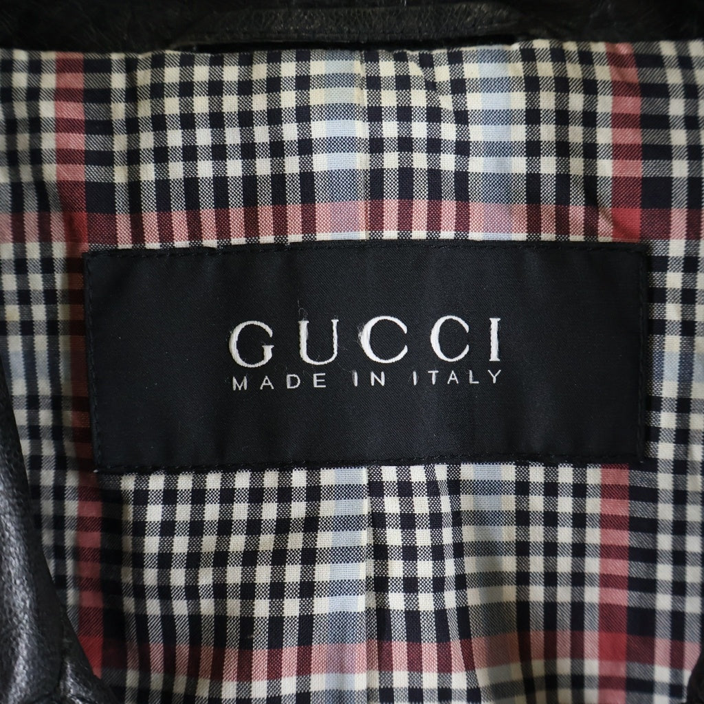 GUCCI(グッチ) トムフォード期 裏地チェック柄 レザーダブルブレストジャケット イタリア製 ブラック
