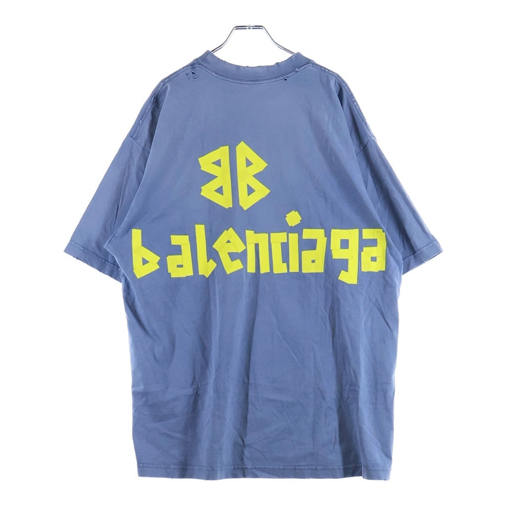 BALENCIAGA(バレンシアガ) 23SS TAPE TYPE T-Shirt テープロゴ 両面プリント ダメージ加工 クルーネック半袖Tシャツ カットソー ブルー 739784 T0VA9