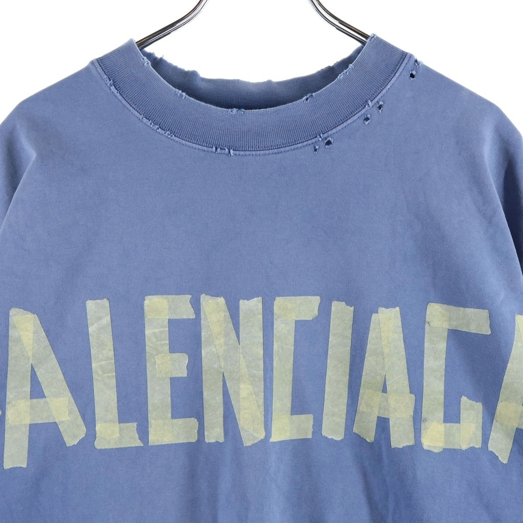 BALENCIAGA(バレンシアガ) 23SS TAPE TYPE T-Shirt テープロゴ 両面プリント ダメージ加工 クルーネック半袖Tシャツ カットソー ブルー 739784 T0VA9