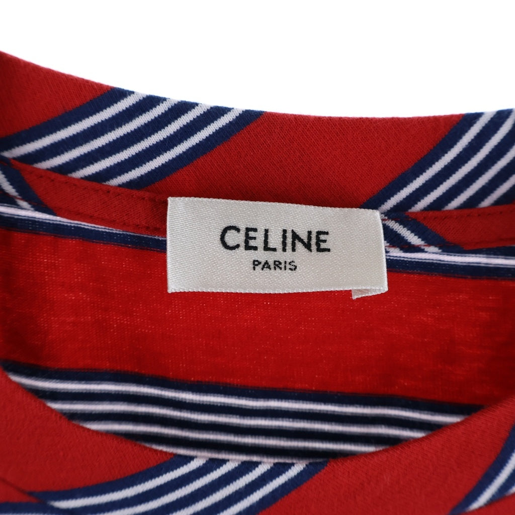 CELINE(セリーヌ) 26SS ロゴエンブロイダリー ストライプ コットンジャージー レギュラー クルーネック 半袖Tシャツ カットソー レッド RX0M83Q53.27NW
