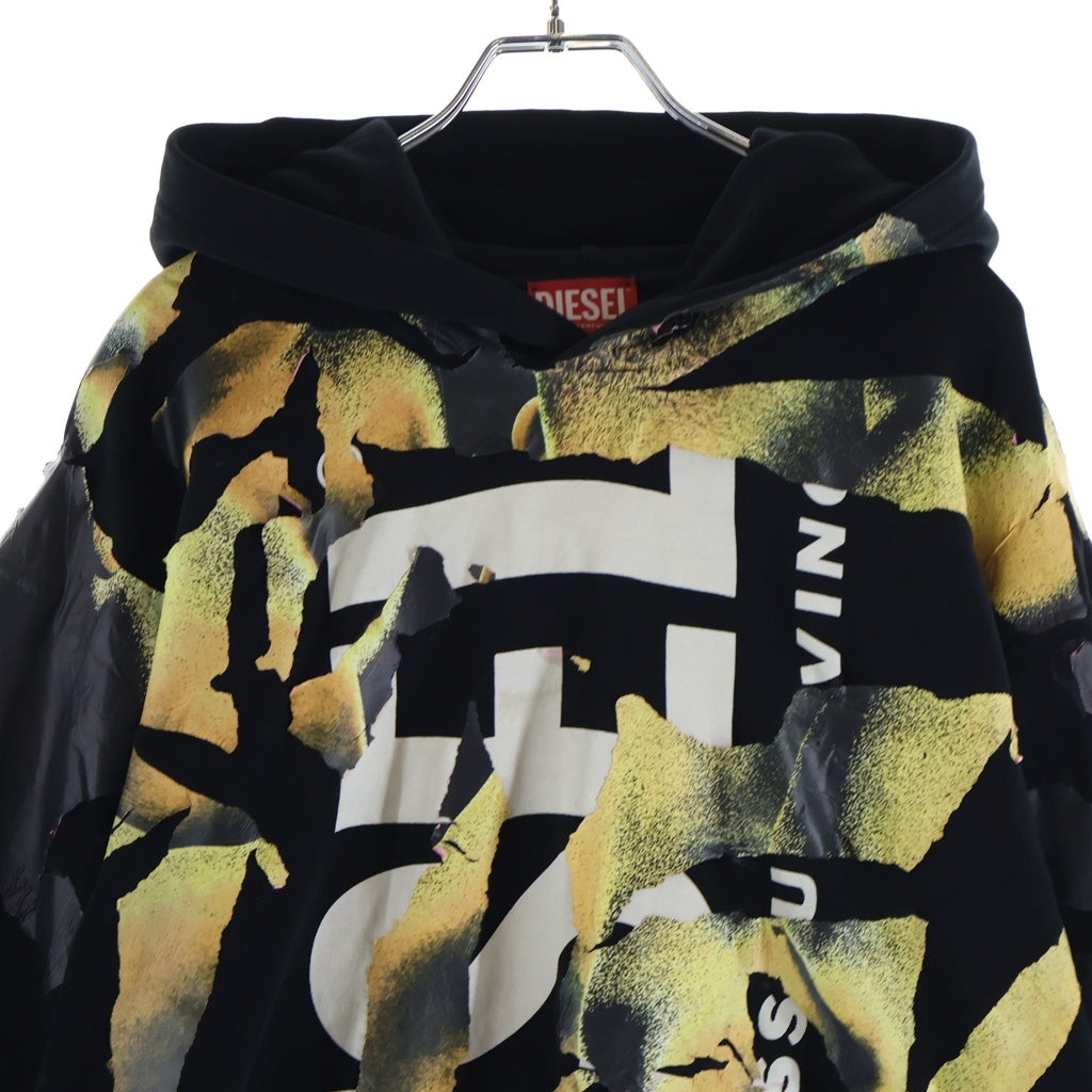 DIESEL(ディーゼル) 24AW S-MAC-HOOD-M1 ロゴエンブロイダリー デジタルプリント ラバー加工 プルオーバーパーカー フーディ ブラック A11753