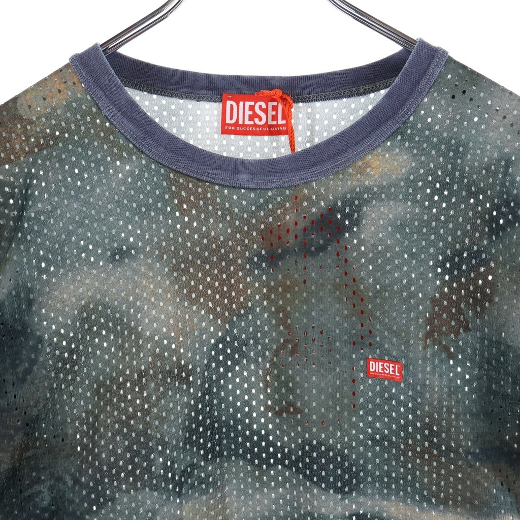 DIESEL(ディーゼル) T-MESH-BOXT-LS メッシュ ボクシー グラフィックプリント レイヤード クルーネック 長袖Tシャツ カットソー ブルー A19943