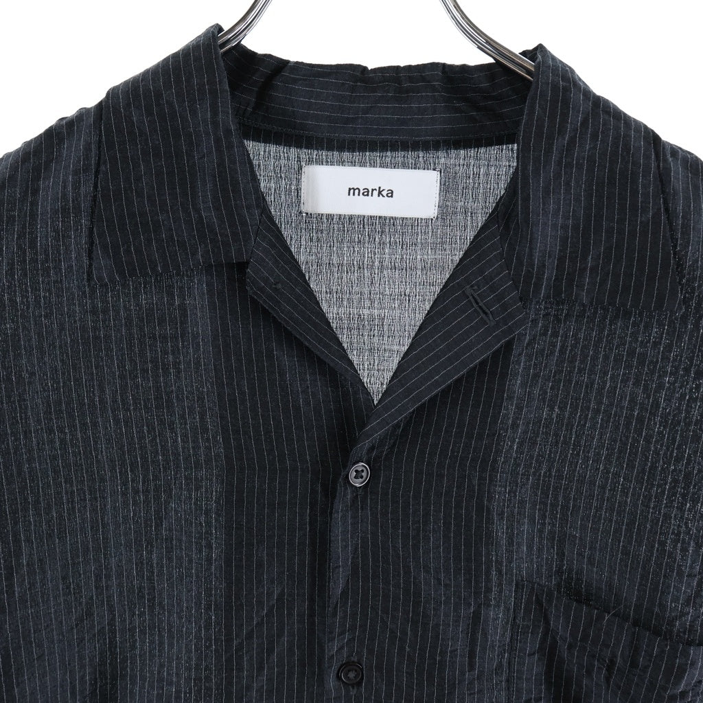 marka(マーカ) 26SS OPEN COLLAR S/S SHIRT WOOL SILK FEATHER CLOTH ウール シルク混 ストライプ柄 オープンカラー半袖シャツ ブラック M26A15SH02B