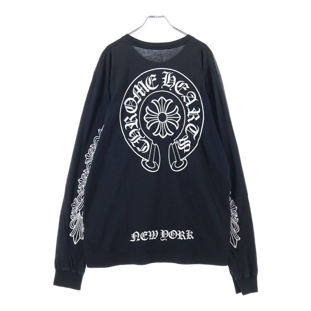 CHROME HEARTS(クロムハーツ) NEW YORK LIMITED FLORAL CROSS HORSESHOE L/S TEE ニューヨーク限定 袖フローラルクロス ホースシュー ロゴプリント ポケット クルーネック 長袖Tシャツ カットソー ブラック